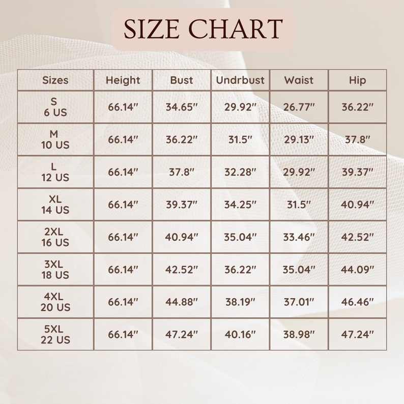 May include: Size chart for clothing with measurements in inches. The chart lists sizes from S to 5XL, with corresponding US sizes, height, bust, underbust, waist, and hip measurements.