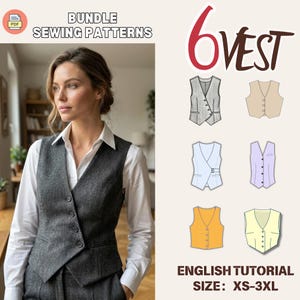Paquete de patrones de costura de chalecos en PDF: 6 estilos de chalecos para mujer, tallas XS a 3XL, con tutorial en inglés