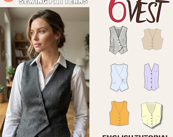 PDF Vest Sewing Pattern Bundle – 6 Women’s Waistcoat Styles XS–3XL with English Tutorial