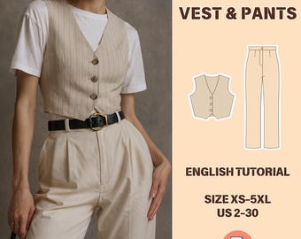 Set Vest and Pleated Pants, Cropped Trousers, Buttoned Waistcoat, Classic Straight Pants, V-neck Vest, Linen, Gift