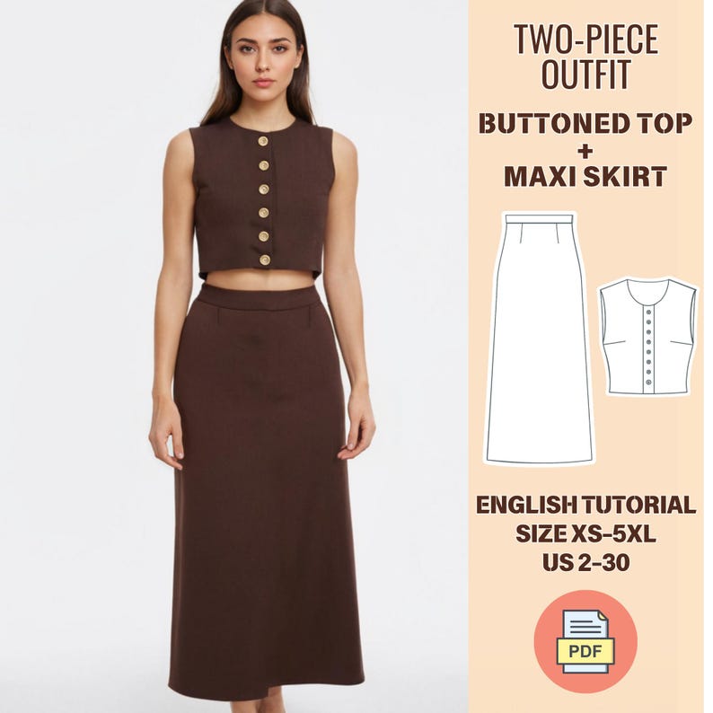 May include: A woman models a two-piece outfit. The ensemble includes a sleeveless, buttoned top and a maxi skirt in a rich brown hue. The top features gold-colored buttons. The image also includes a diagram and text that reads "TWO-PIECE OUTFIT" and "ENGLISH TUTORIAL SIZE XS-5XL US 2-30".