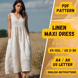 Langes Leinenkleid mit V-Ausschnitt, PDF-Schnittmuster, Raffrock, Taschenkleid, ärmelloses Kleid, langes Kleid, XS-5XL, Nähkleid