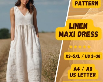 Long Linen V-Neck Dress, PDF Sewing Pattern, Gathering Skirt, Pockets Dress, Sleeveless Dress, Long Dress, XS-5XL, Sewing Dress