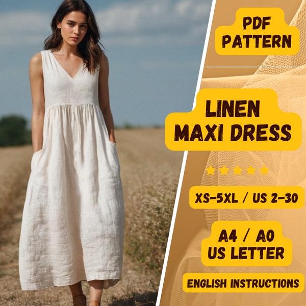 Long Linen V-Neck Dress, PDF Sewing Pattern, Gathering Skirt, Pockets Dress, Sleeveless Dress, Long Dress, XS-5XL, Sewing Dress