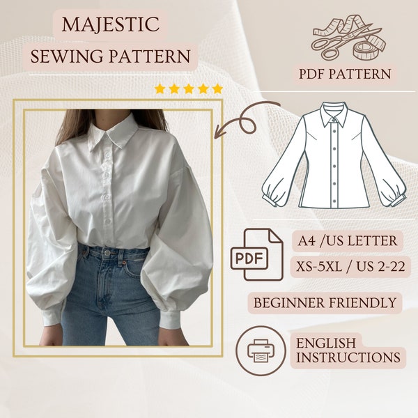 Blusa de costura de manga linterna, camisa de poeta, descarga instantánea de PDF, top de mangas hinchadas, XS - 5XL, camisa de patrón digital