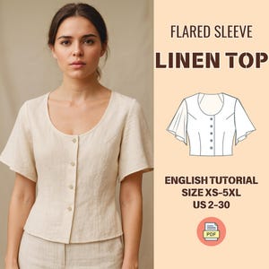 May include: A woman wearing a beige linen top with flared sleeves and a scoop neckline. The top has a button-down front. Text on the right side reads "FLARED SLEEVE LINEN TOP" and "ENGLISH TUTORIAL SIZE XS-5XL US 2-30".