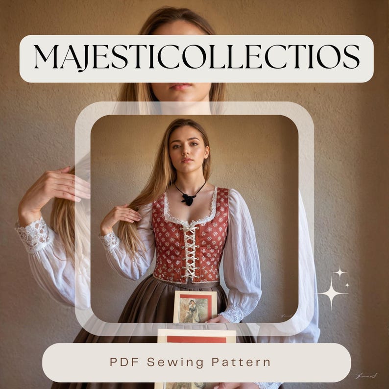 May include: A PDF sewing pattern for a white blouse with puffed sleeves and a red and white bodice with a lace trim. The bodice has a lace-up front and a black pendant necklace. The model is holding a book in her hands. The text "PDF Sewing Pattern" is at the bottom of the image.
