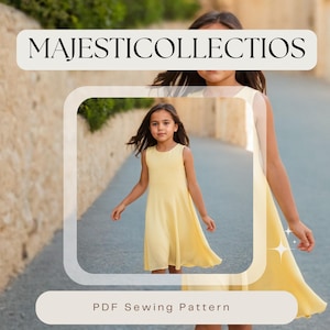 May include: A PDF sewing pattern for a sleeveless yellow dress. The pattern is called "MAJESTICCOLLECTIOS PDF Sewing Pattern".