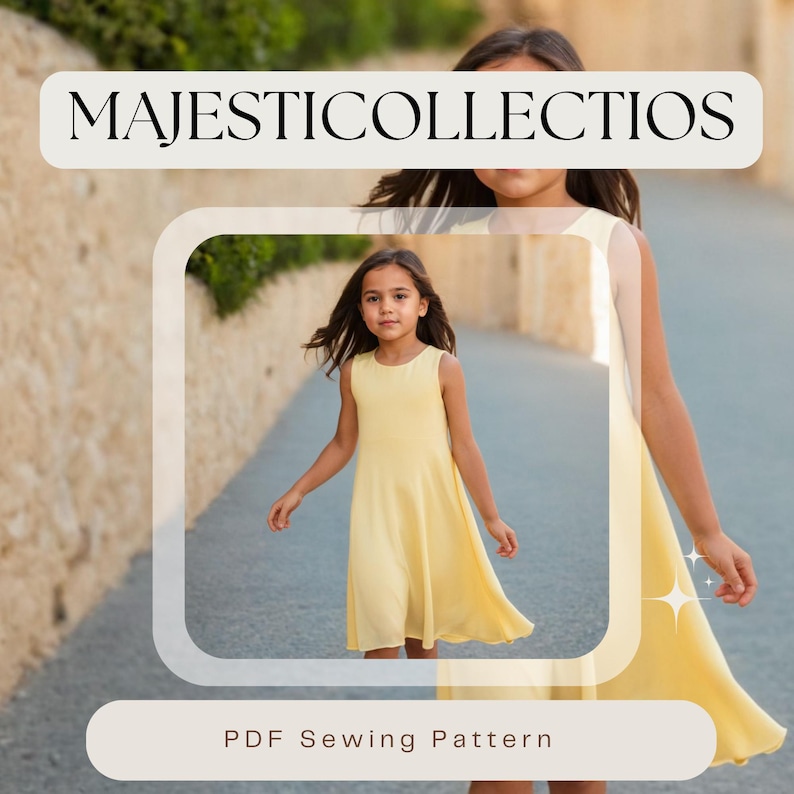 May include: A PDF sewing pattern for a sleeveless yellow dress. The pattern is called "MAJESTICCOLLECTIOS PDF Sewing Pattern".
