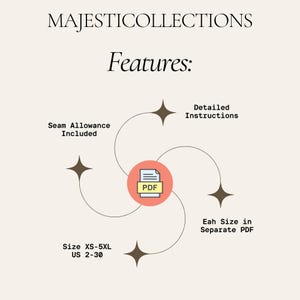 May include: Cream-colored graphic with the text "MAJESTICOLLECTIONS" and "Features:". The image highlights features like seam allowance, detailed instructions, and size range XS-5XL (US 2-30). A PDF icon is in the center.
