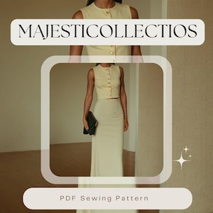 May include: A PDF sewing pattern for a sleeveless top and skirt set. The top is a cream color with gold buttons and the skirt is a cream color with a high waist. The model is wearing the set and holding a black clutch.
