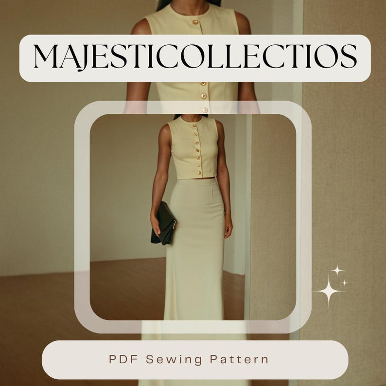 May include: A PDF sewing pattern for a sleeveless top and skirt set. The top is a cream color with gold buttons and the skirt is a cream color with a high waist. The model is wearing the set and holding a black clutch.