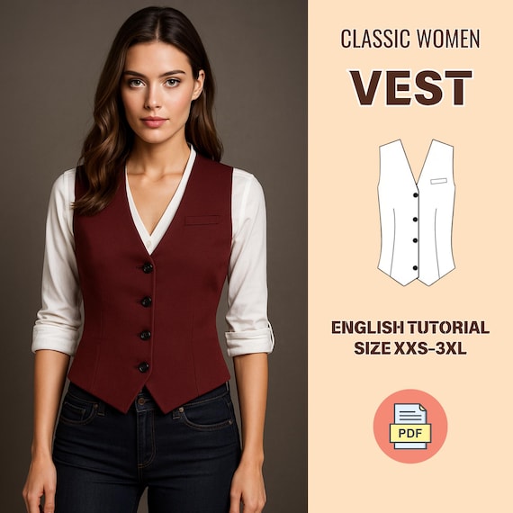 Fitted Vest Sewing Pattern PDF | Women's Classic Buttoned Waistcoat | DIY Tailored Vest for Beginners to Intermediate | Classic Vest