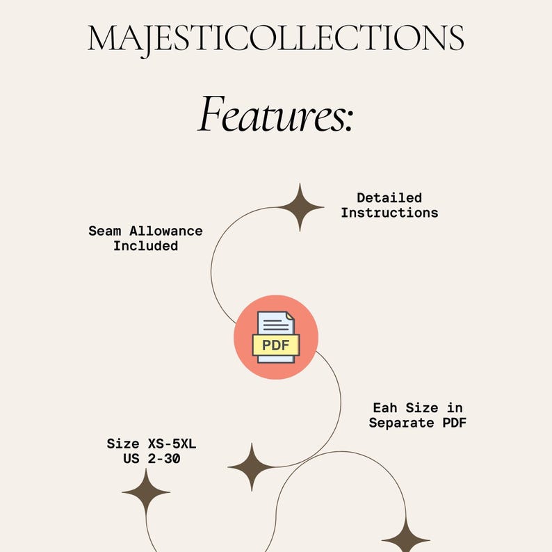 K&ouml;nnte beinhalten: Cremefarbene Grafik mit dem Text "MAJESTICOLLECTIONS" und "Features:". Das Bild hebt Funktionen wie Nahtzugabe, detaillierte Anweisungen und die Gr&ouml;&szlig;en XS-5XL (US-Gr&ouml;&szlig;en 2-30) hervor. Ein PDF-Symbol ist ebenfalls vorhanden.