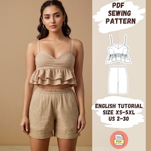 Linen Ruffle Crop Top and Shorts Sewing Pattern - Women&#39;s Ruffle Top and Relaxed Shorts Set - Sizes 2-30 XS-5XL - Easy Summer Outfit