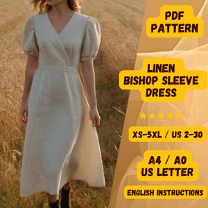 May include: A PDF sewing pattern for a linen dress with bishop sleeves. The pattern includes instructions in English and is available in sizes XS-5XL (US sizes 2-30). The pattern is printed on A4, A0, or US Letter paper.