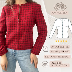 Peut inclure: Veste rouge et noire à carreaux avec fermeture éclair. Le patron PDF est disponible en tailles XS-5XL et est adapté aux débutants. Instructions en anglais. Le visuel présente également un schéma de la veste.