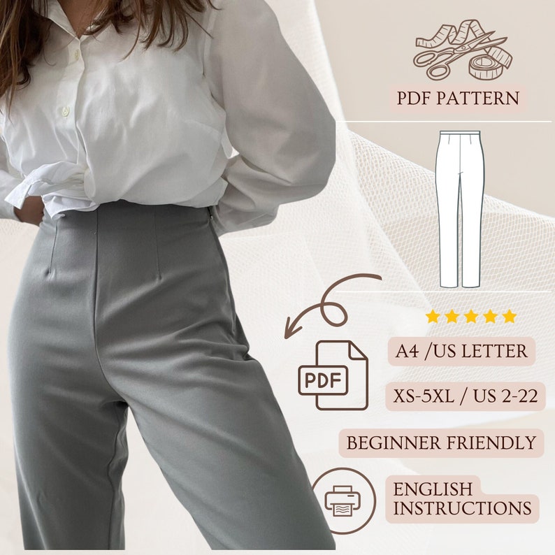 May include: A PDF sewing pattern for high-waisted pants. The pattern is available in sizes XS-5XL and is beginner-friendly. The pattern is printed on A4 or US Letter paper and includes English instructions.