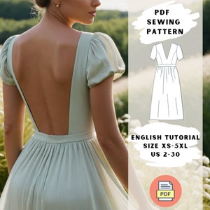 Patrón de costura para vestido con espalda abierta en PDF / Vestido elegante con mangas abullonadas / Tallas XS-5XL / A0, EE. UU. / Vestido Cottagecore / Falda fruncida
