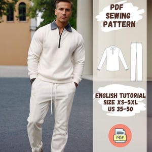 May include: PDF sewing pattern for a white long-sleeve shirt and matching pants. The pattern includes an English tutorial and sizes XS-5XL (US 35-50).