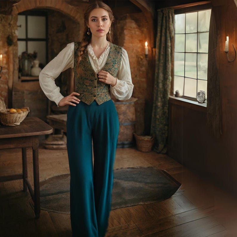 May include: A woman wearing a white blouse with a green and gold patterned vest and dark blue wide-leg pants. She is standing in a room with a wooden floor and a window in the background.