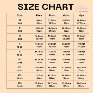 May include: Size chart with measurements in inches and centimeters for neck, bust, waist, and hips. Sizes range from XS to 5XL, with corresponding US sizes. The chart includes measurements like 13 inch neck, 32.5 inch bust, and 24.02 inch waist.