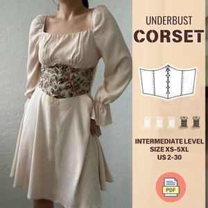 May include: A PDF sewing pattern for an underbust corset with a floral print. The pattern is for sizes XS-5XL and US sizes 2-30. The pattern is for an intermediate sewing level.