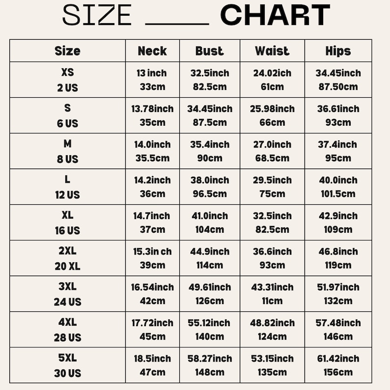 Pu&ograve; includere: Tabella delle taglie per abbigliamento con misure in pollici e centimetri. La tabella include le taglie XS a 5XL, con le misure corrispondenti di collo, busto, vita e fianchi.
