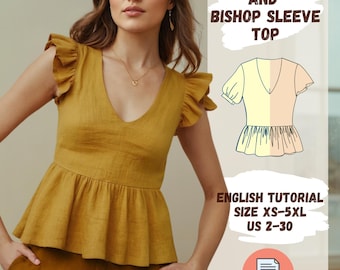 Peplum Top Sewing Pattern with Flared and Bishop Sleeve | Set Bundle Crop Top Pattern for Women | V-Neck Top | Blouse Sewing Pattern