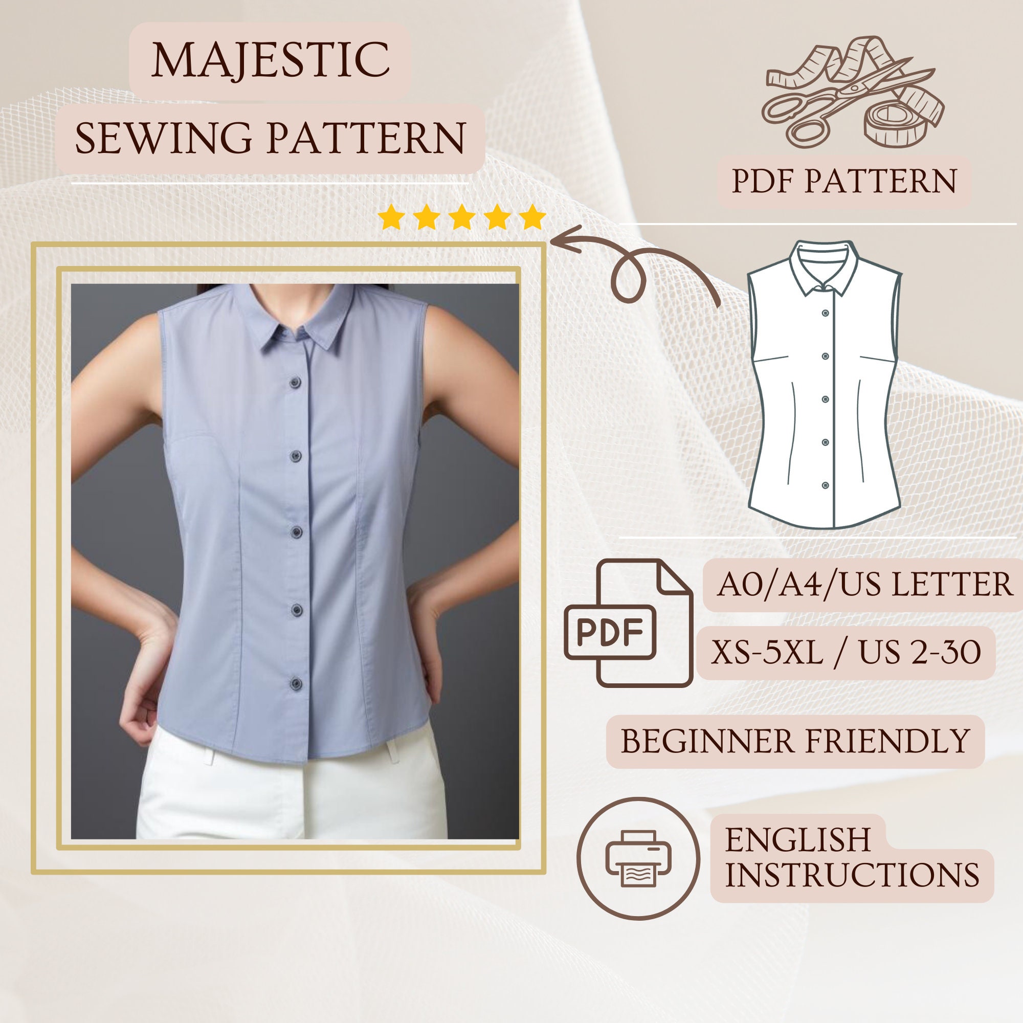 Top Sleeveless Button Down Blouse Sewing Pattern PDF Sewing Pattern Sizes XS 5XL Instant Download Etsy