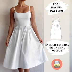 Könnte beinhalten: Ein weißes, ärmelloses Kleid mit einem figurbetonten Oberteil und einem weiten Rock. Das Kleid wird an einem Model gezeigt. Das Bild enthält auch eine Strichzeichnung des Kleides und den Text "PDF Sewing Pattern, English Tutorial, Size XS-5XL, US 2-30, PDF".