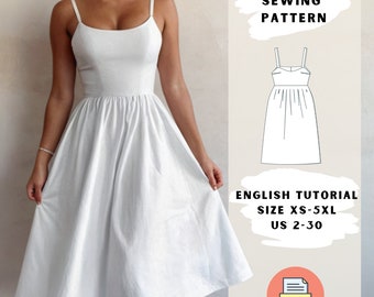 PDF Sewing Pattern for Strappy Midi Dress | Women's A-Line Summer Dress | XS-5XL | Spaghetti Dress | Line Cotton Dress