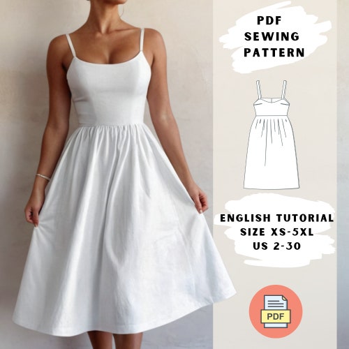 PDF Schnittmuster für Midi Kleid mit Trägern | Damen A-Linie Sommerkleid | XS-5XL | Spaghetti-Kleid | Linie Baumwoll Kleid