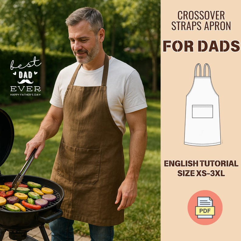 May include: A brown crossover straps apron with a pocket, worn by a person grilling vegetables. The image includes text that says "Best Dad Ever" and "Happy Father's Day". The apron design is shown with the text "For Dads".