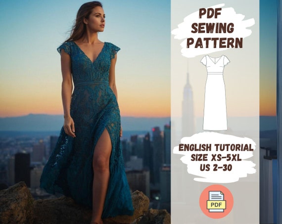 Elegant Lace Evening Gown Dress Sewing Pattern PDF, Women's Dress Pattern  With Slit, XS-5XL, US 2-30, Maxi Dress With English Tutorial - Etsy