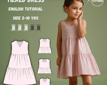 Tiered Dress Sewing Pattern for Girls, Set of 4 Neckline Styles - Square, Sweetheart, V-Neck, Peter Pan Neck, Sizes 2-10 Years, PDF