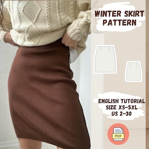 May include: A brown knit skirt pattern with an English tutorial. The pattern includes sizes XS-5XL and US sizes 2-30. The pattern is available as a PDF download. The image shows a woman wearing a brown skirt and a white sweater.