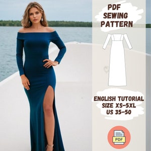 Puede incluir: Un patrón de costura PDF para un vestido maxi largo, de hombros descubiertos, con una abertura alta en el muslo. El patrón incluye un tutorial en inglés y está disponible en tallas XS-5XL (ES 36-52).