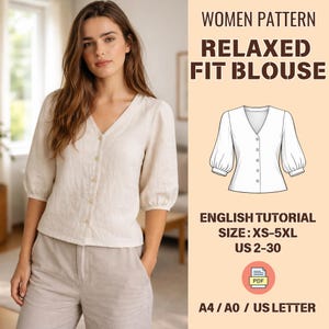 May include: A woman wearing a beige linen blouse with a V-neck and button closure. The image includes text that reads "WOMEN PATTERN RELAXED FIT BLOUSE" and "ENGLISH TUTORIAL SIZE: XS-5XL US 2-30". A PDF icon is also visible.