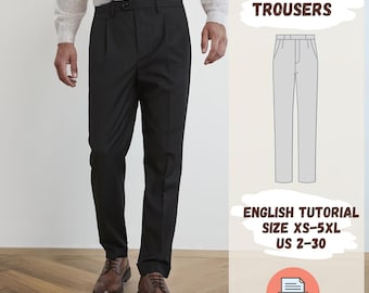 Naaipatroon effen geplooide broek heren, pdf-naaipatroon XS-5XL, breed matenbereik 2-30, formele broekpatroon voor heren