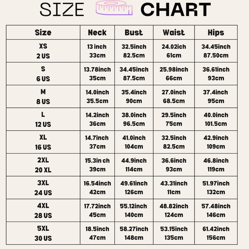May include: Size chart for clothing with measurements in inches and centimeters. The chart includes sizes XS to 5XL, with corresponding neck, bust, waist, and hip measurements.