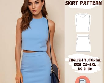 Patrón de costura de top corto y falda en PDF, patrón de conjunto de dos piezas para mujer, conjunto de verano DIY, falda corta, top sin mangas, tallas XS-5XL