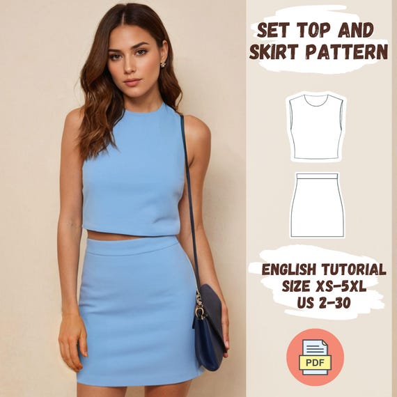 Crop Top and Skirt Sewing Pattern PDF, Women’s Two Piece Outfit Pattern, DIY Summer Set, Short Skirt, Sleeveless Top, XS-5XL