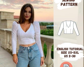 Milkmaid top, Puff Sleeve, Sewing PDF Pattern Blouse, Long Sleeve, Cottagecore Pattern, V-Neck, Sewing Pattern Crop Top, Blouse