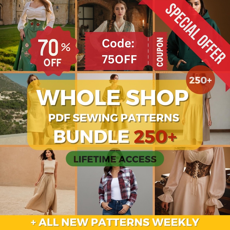 May include: A collage of images promoting a bundle of 250+ PDF sewing patterns. The text "WHOLE SHOP PDF SEWING PATTERNS BUNDLE 250+ LIFETIME ACCESS" is displayed in large, bold letters. The text "SPECIAL OFFER" is displayed in a red banner. The text "70% OFF" is displayed in a yellow circle. The text "Code: 750FF" is displayed in a red rectangle. The text "250+" is displayed in a yellow circle. The text "+ ALL NEW PATTERNS WEEKLY" is displayed at the bottom of the image.