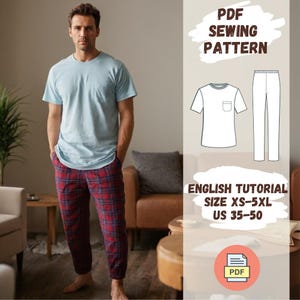 Puede incluir: Patrón de costura PDF para un conjunto de camiseta y pantalón. El patrón incluye un tutorial en inglés y está disponible en las tallas XS-5XL (ES 35-50).