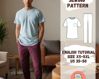 Men's Lounge Set Bundle Pajama Sewing Pattern - PDF, Relaxed T-Shirt and Plaid Pajama Pants, Casual Sleepwear Men Sewing Patterns