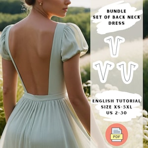 以下が含まれることがあります： 背中が開いたドレスのPDF縫製パターンです。パターンには、Vネック、深いVネック、Uネックの3種類のバックネックスタイルが含まれています。パターンはXS-5XLサイズ（日本サイズ7-15号）でご利用いただけます。