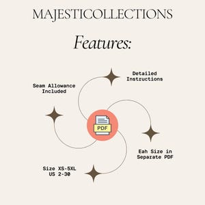 May include: Cream-colored graphic with the text "MAJESTICOLLECTIONS" and "Features:". The image highlights features including seam allowance, detailed instructions, and size range XS-5XL (US 2-30). A PDF icon is in the center, with text "Eah Size in Separate PDF".