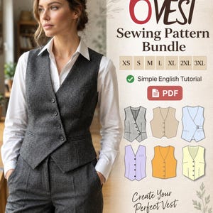 Puede incluir: Un paquete de 6 patrones de costura para chaleco en PDF que incluye un chaleco gris oscuro de espiga con cuatro botones y pantalones a juego. El patrón digital incluye tallas de XS a 3XL, un tutorial en inglés y seis variaciones de diseño.